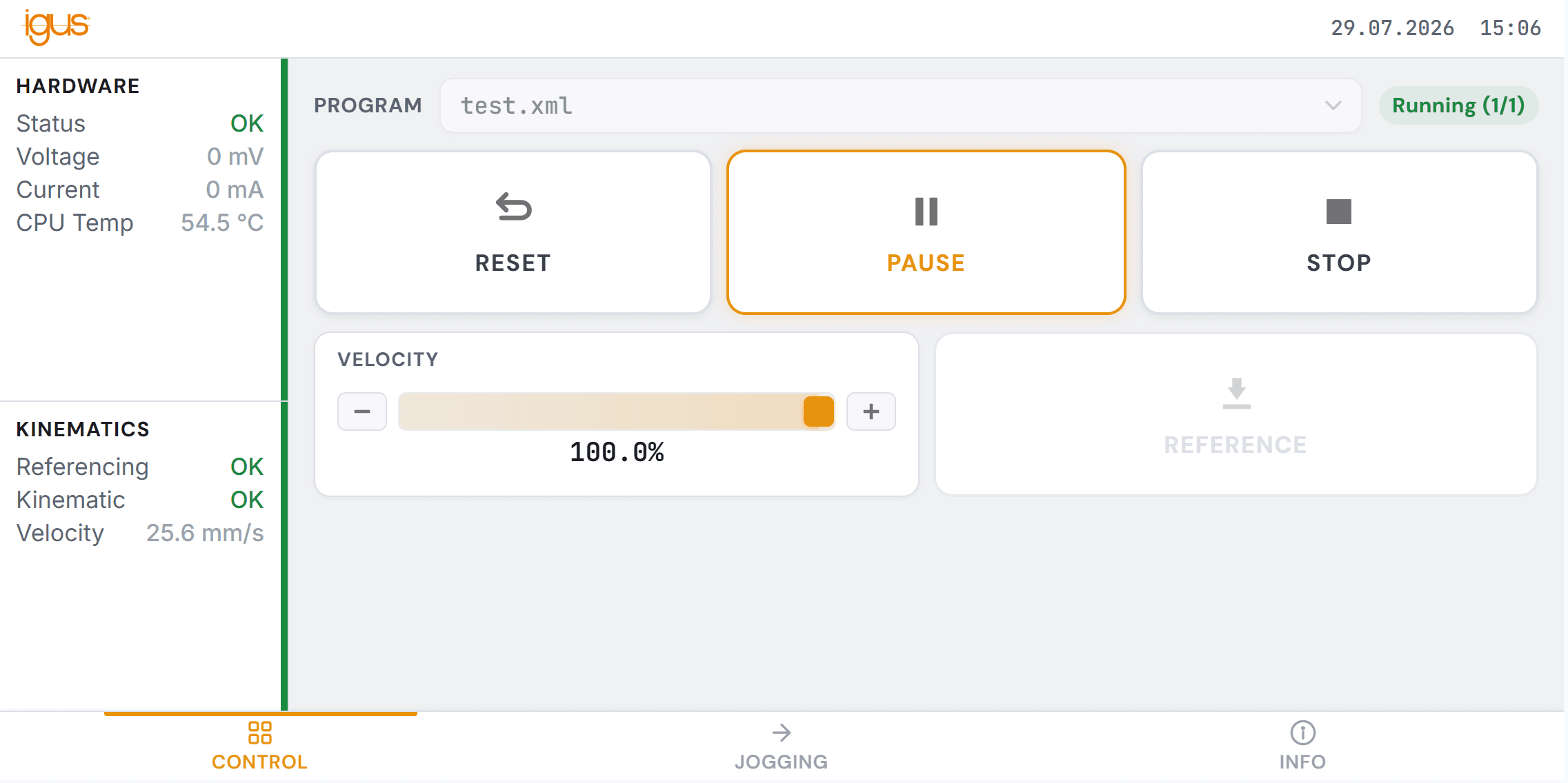 Operator HMI | Software interface for igus Robot Control